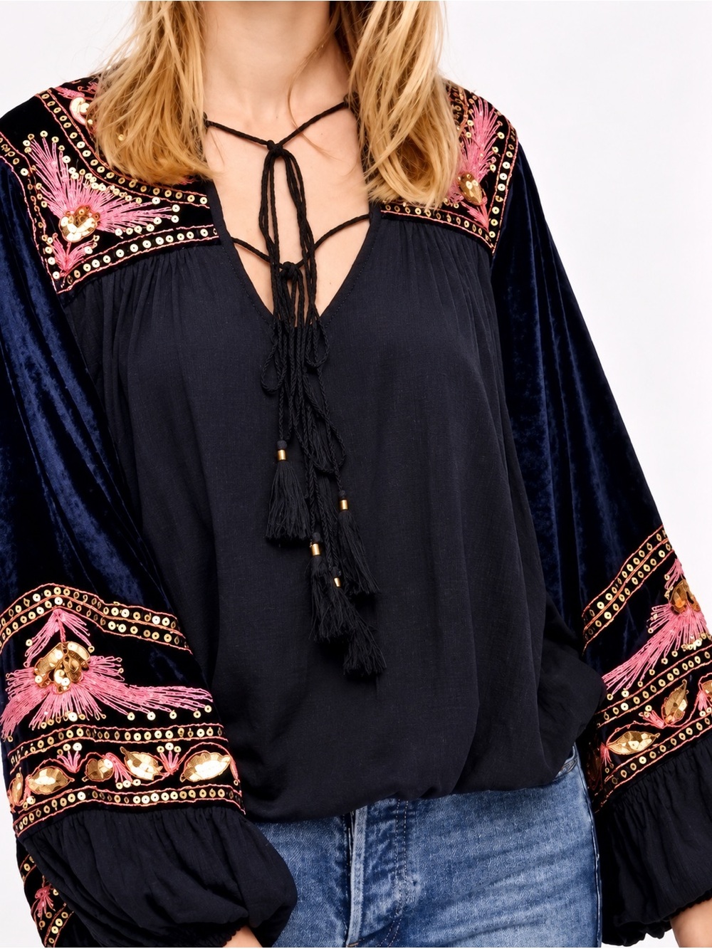 Free People Hearts Aflame Velvet Embroidered Blouse XS